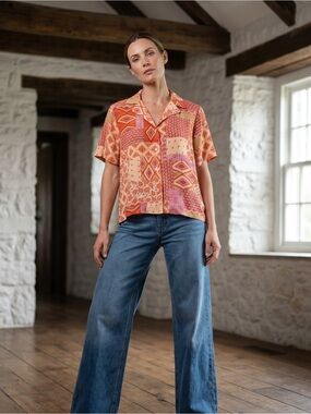 Rose & Olive Patchwork Short Sleeve Shirt in Peach & Coral Tones